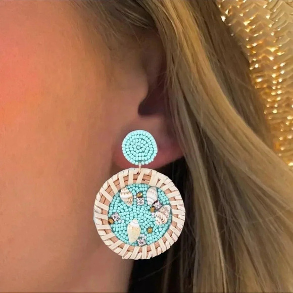 Anthropologie Beach Circle Seashell Rattan Earrings Brand New - Picture 8 of 10